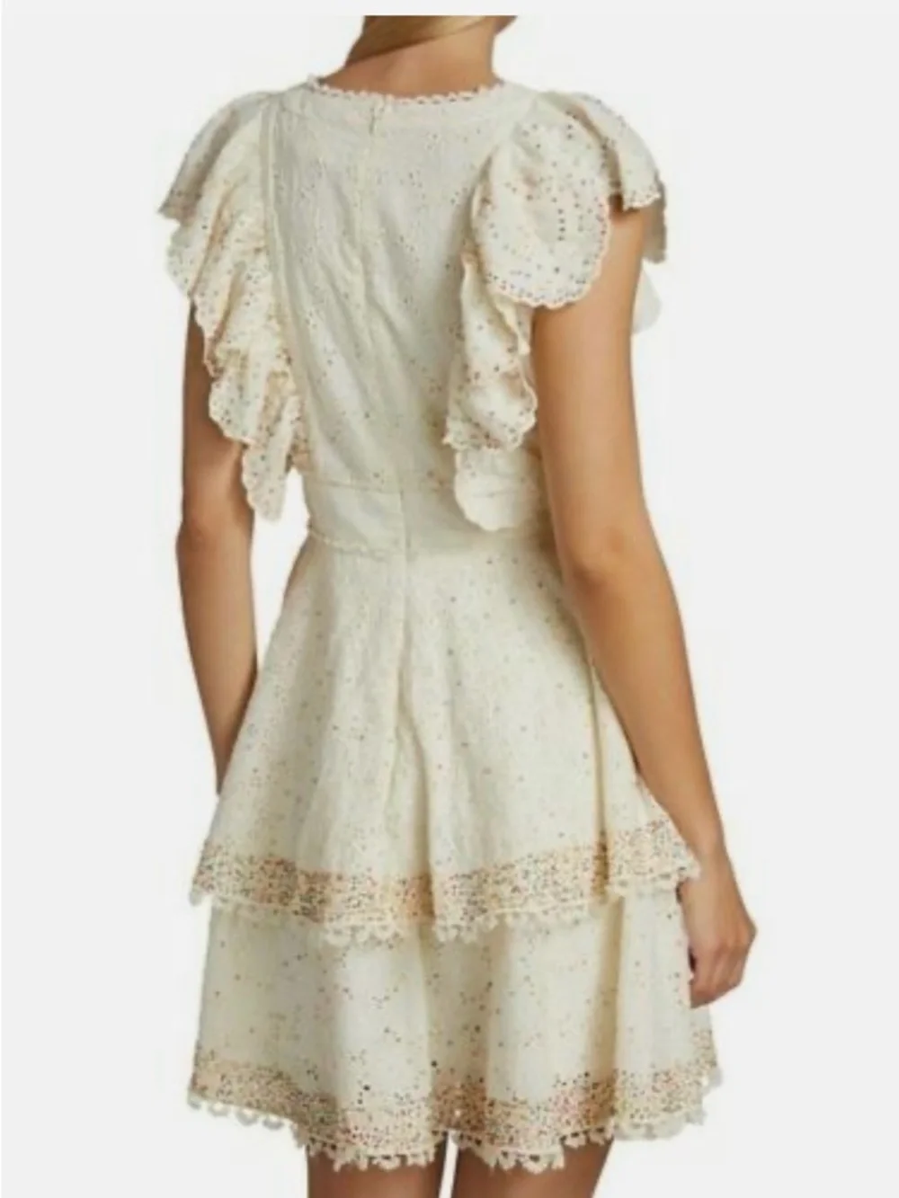 FARM Rio Ivory Eyelet Ruffle V-Neck Dress with Multicolor Beaded Dots - Picture 7 of 16